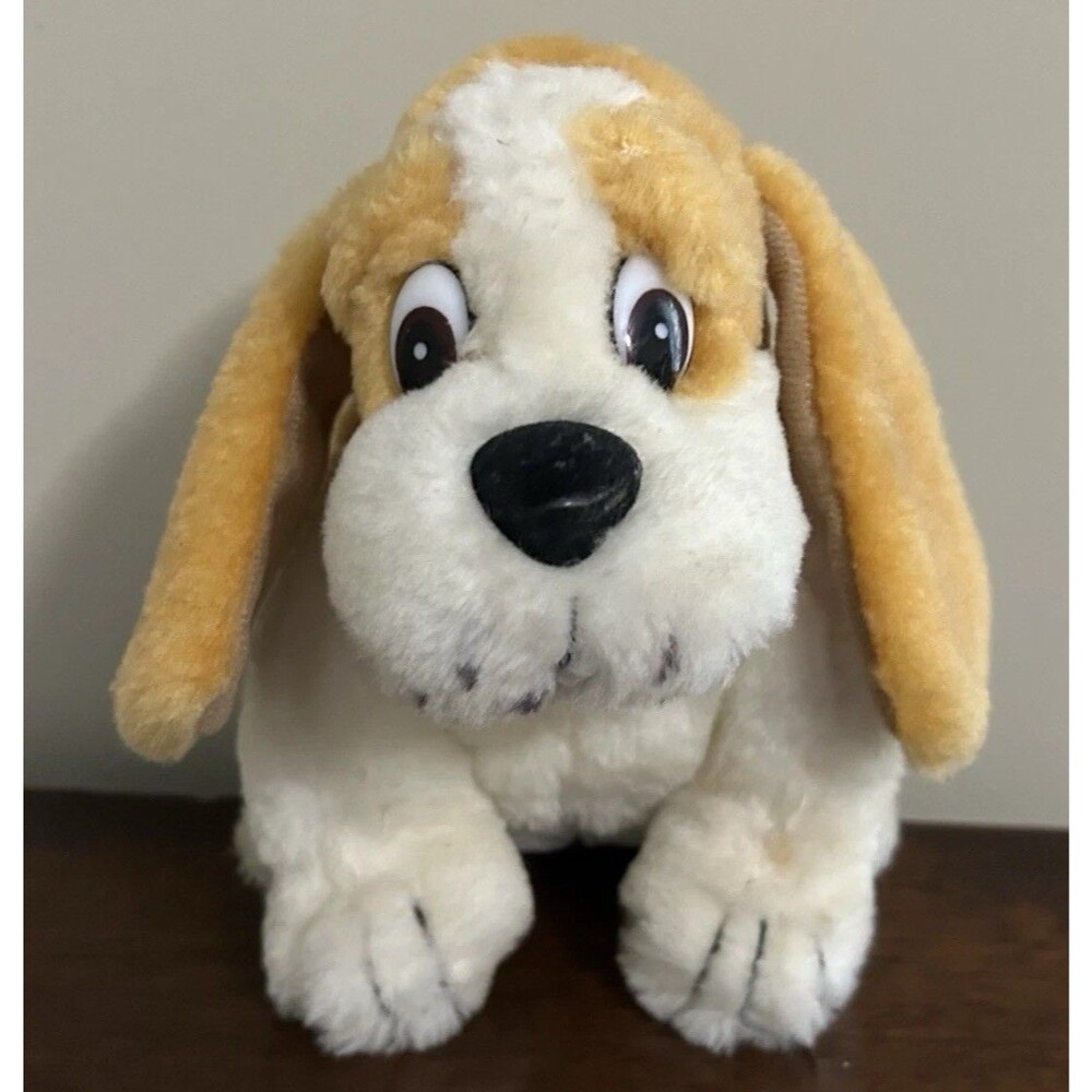Art's Toy Dog Plush Brown White Basset Hound Red Tongue Stuffed Animal VTG 6"